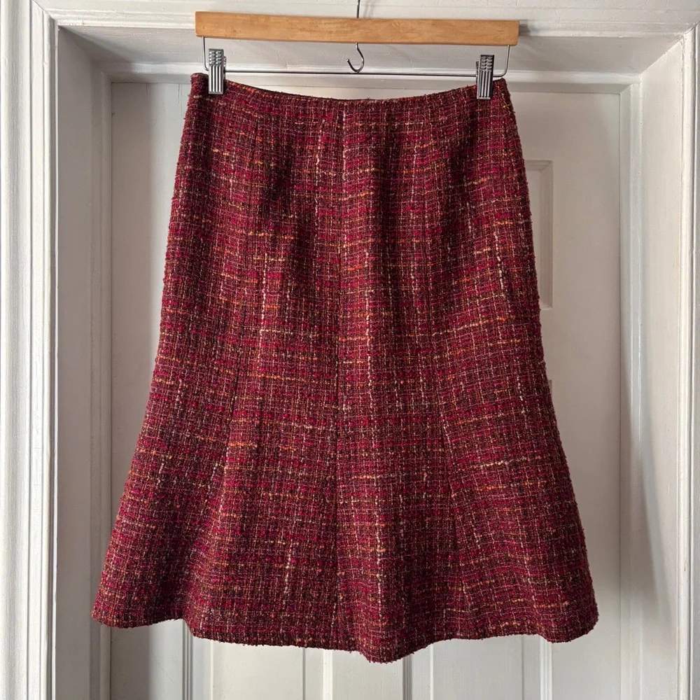 Lafayette 148 New York Tweed Midi Skirt Red Purple Flounce Hem Size 4